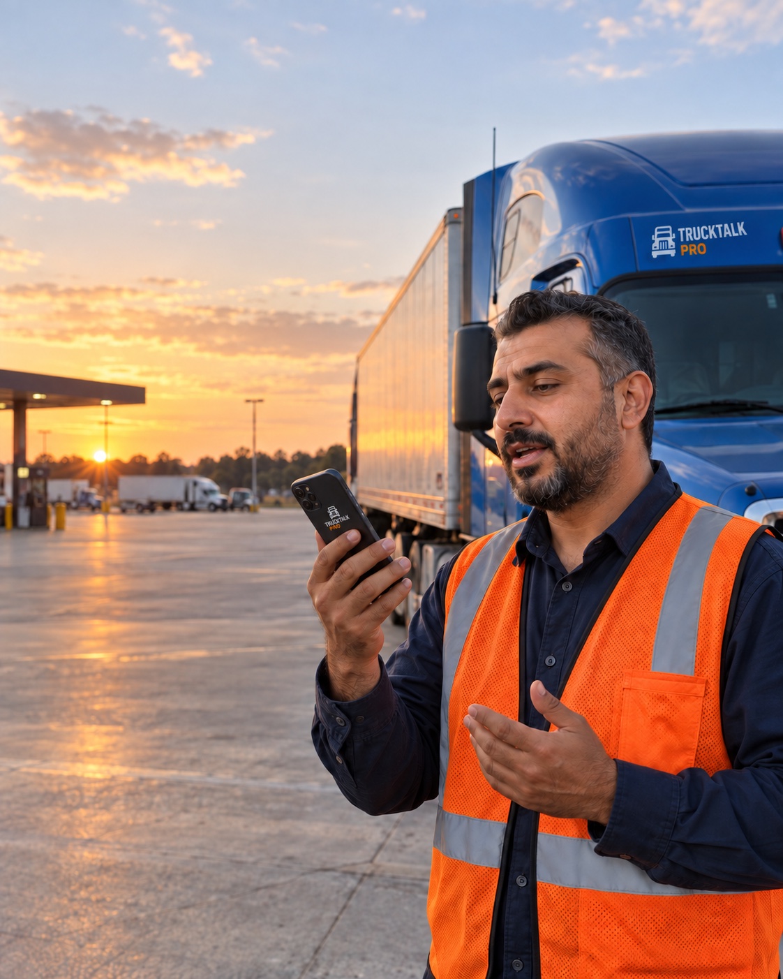 A professional driver practicing English on a phone while safely parked