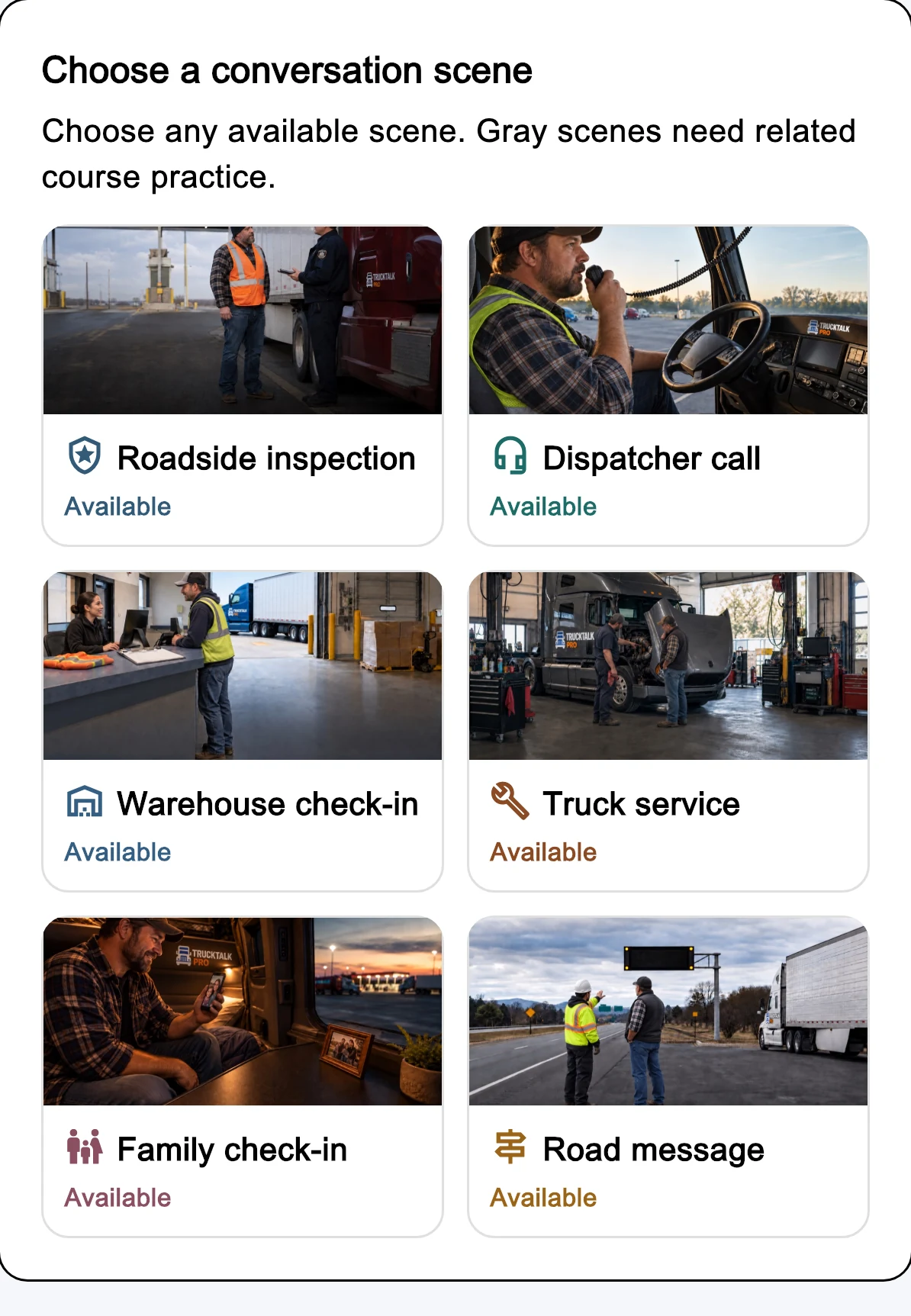TruckTalk Pro AI Coach screen showing six work conversation scenes