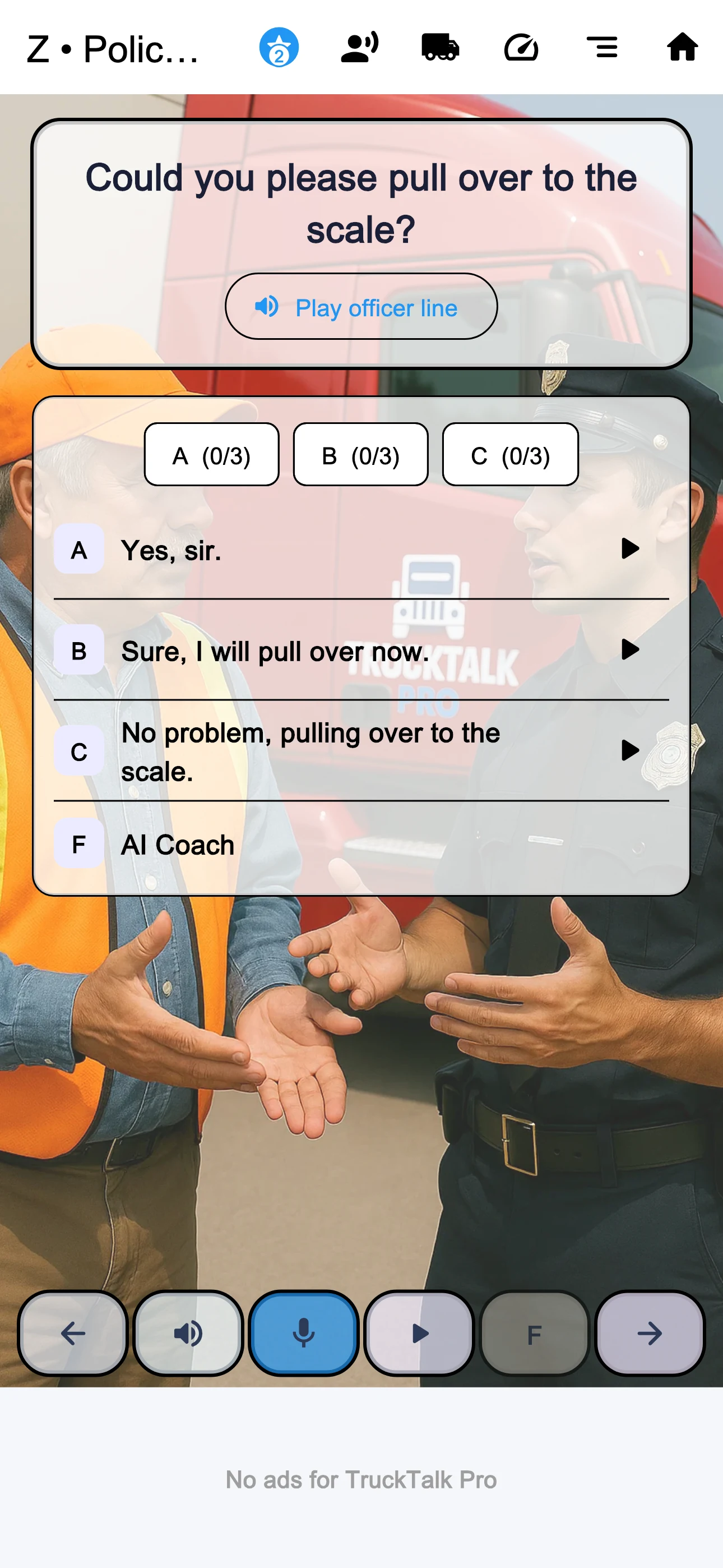 TruckTalk Pro Police and Inspection course screen
