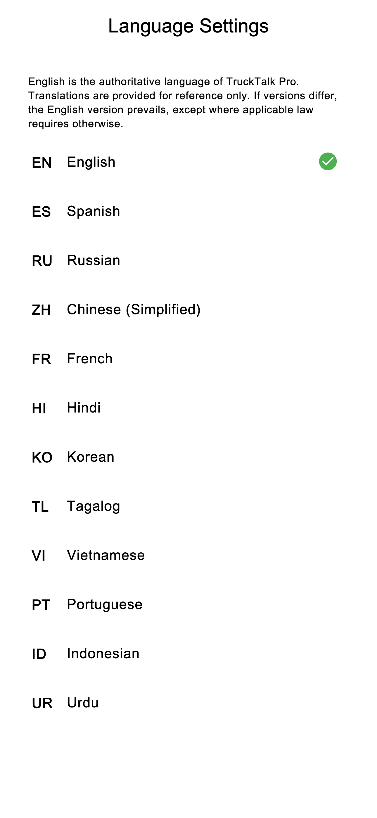 TruckTalk Pro language settings screen showing the supported interface languages