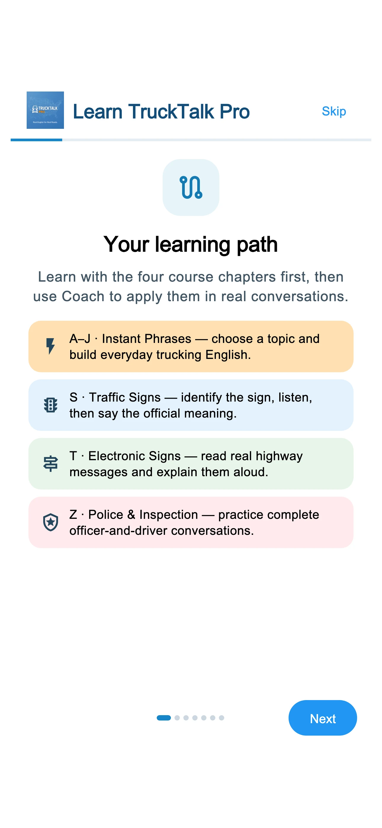 TruckTalk Pro learning path screen showing the four core courses