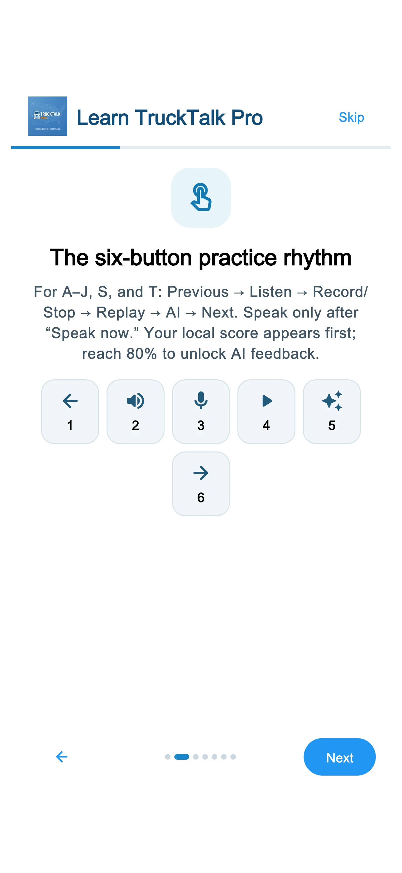TruckTalk Pro practice screen showing the six practice controls