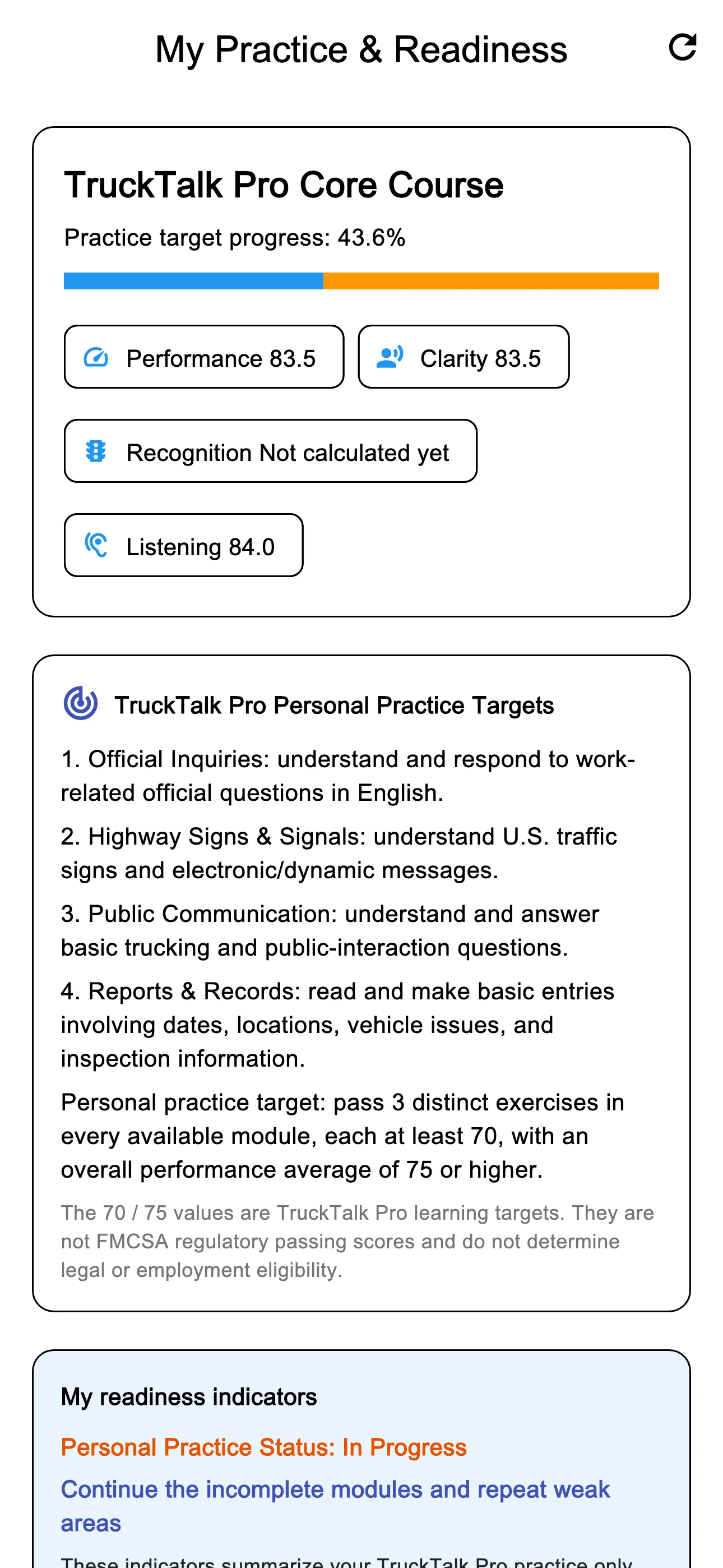 TruckTalk Pro practice progress screen